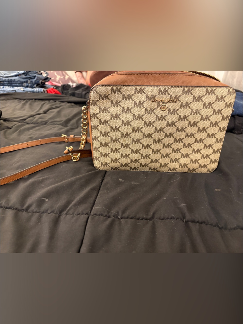 Michael Kors Beige and Brown Crossbody with Gold Chain